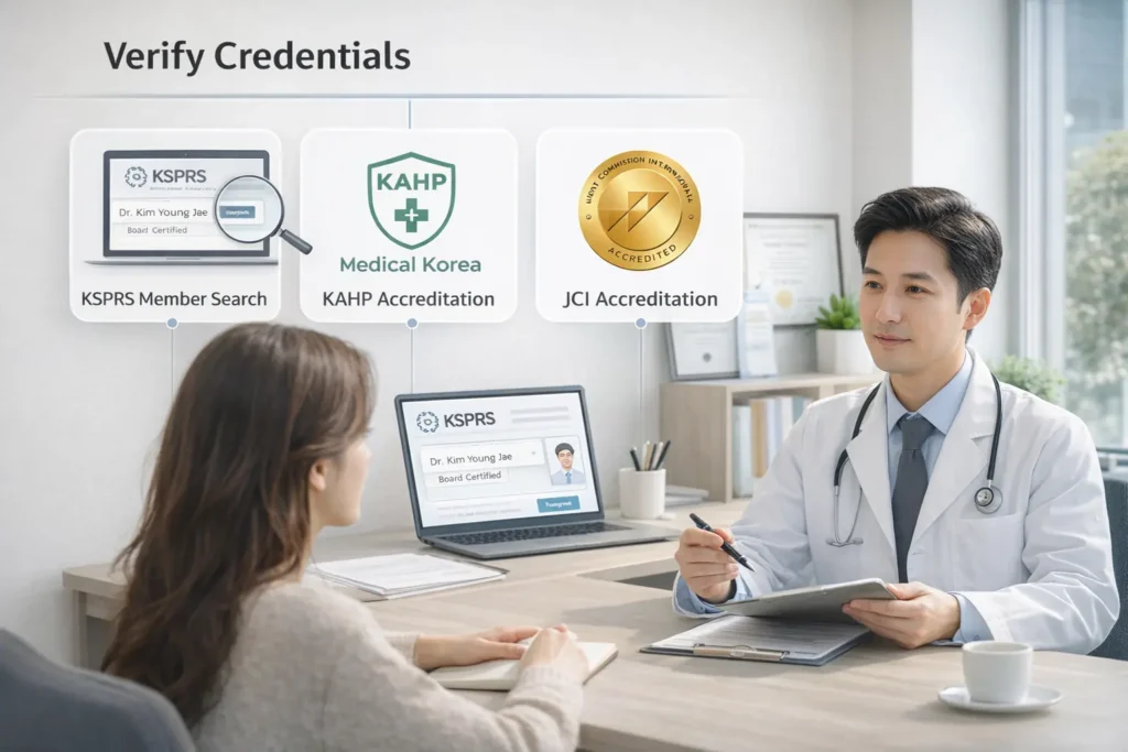 doctor verifying plastic surgeon credentials during consultation in Korea