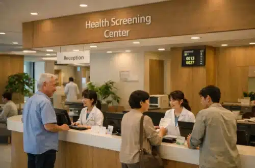 Modern Korean health checkup center lobby with international patients checking in