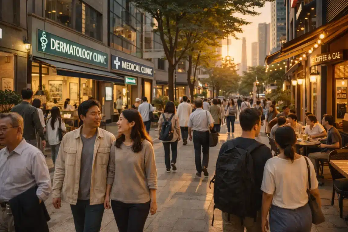 Seoul medical district street where international patients visit Korean clinics