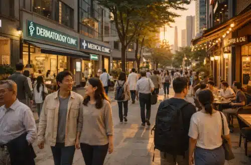 Seoul medical district street where international patients visit Korean clinics