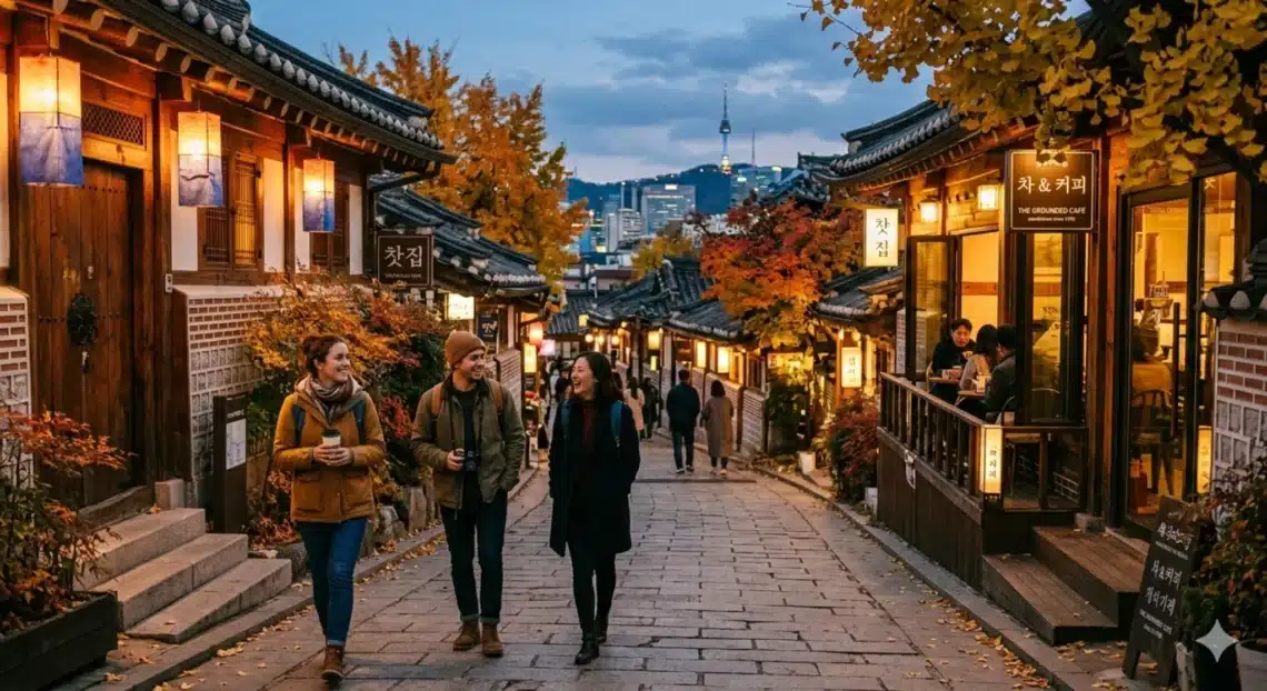 Traditional hanok village street in Seoul with historic Korean houses, popular hidden travel spot for visitors