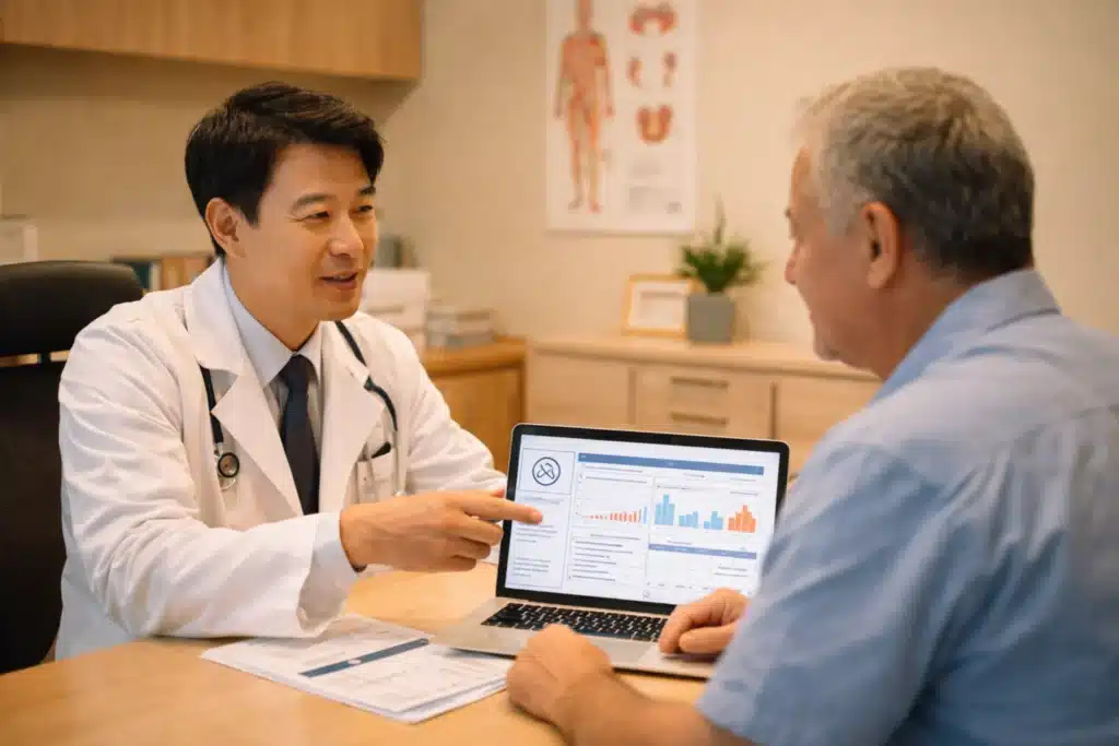 Doctor consulting international patient during Korean health checkup consultation