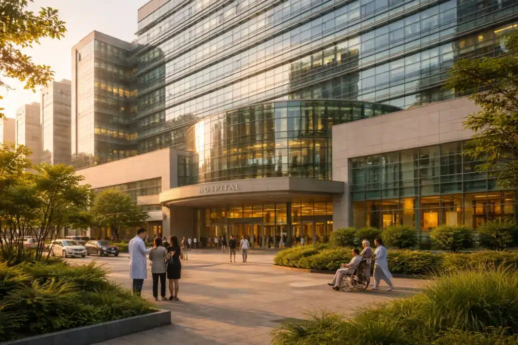 Accredited Korean hospital exterior in Seoul medical district