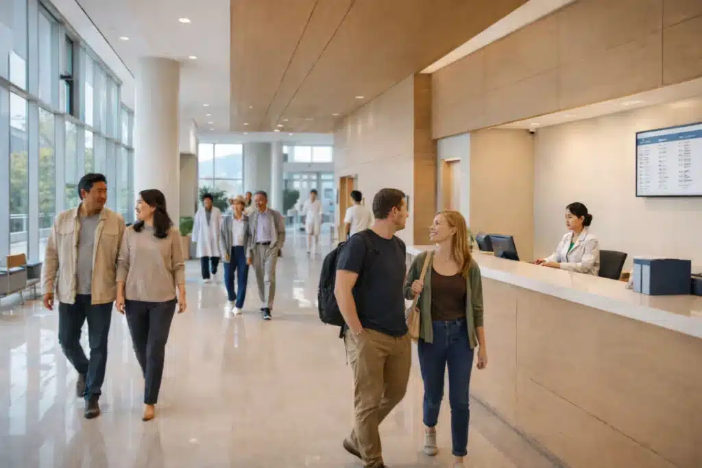 Modern Korean hospital lobby serving international patients safely and efficiently