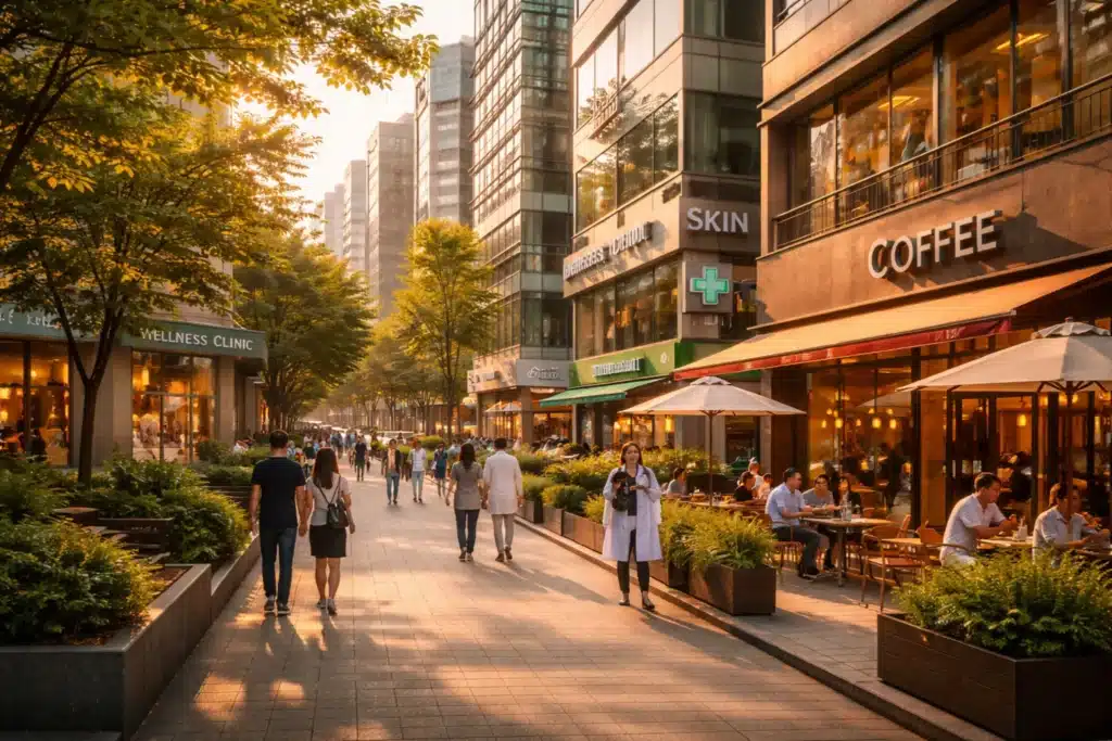 Street near Seoul medical clinics where international patients visit for health checkups