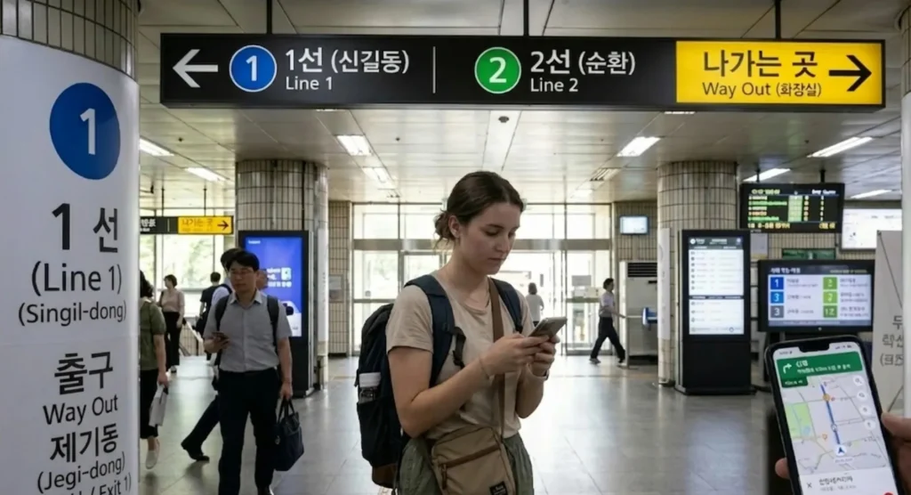 Foreign visitor navigating Seoul easily with public transport and navigation apps