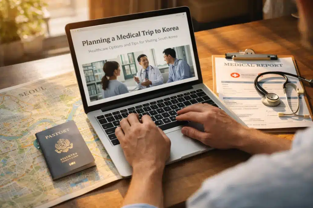 Traveler planning Korea health checkup trip with documents and laptop