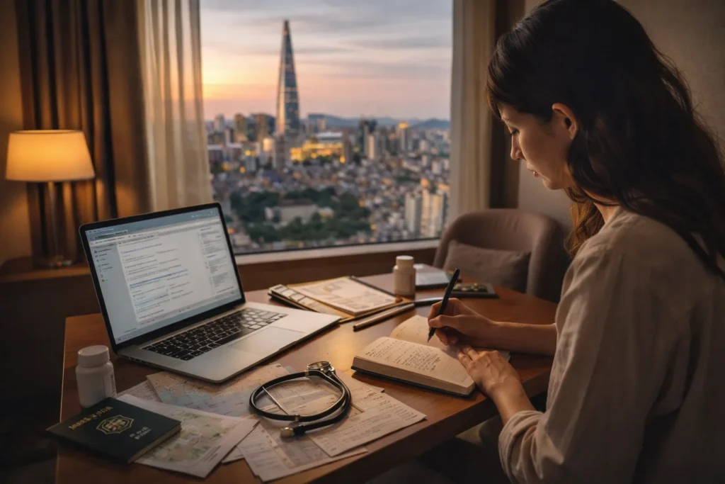 Planning Korean clinic choice with notes and laptop in hotel room