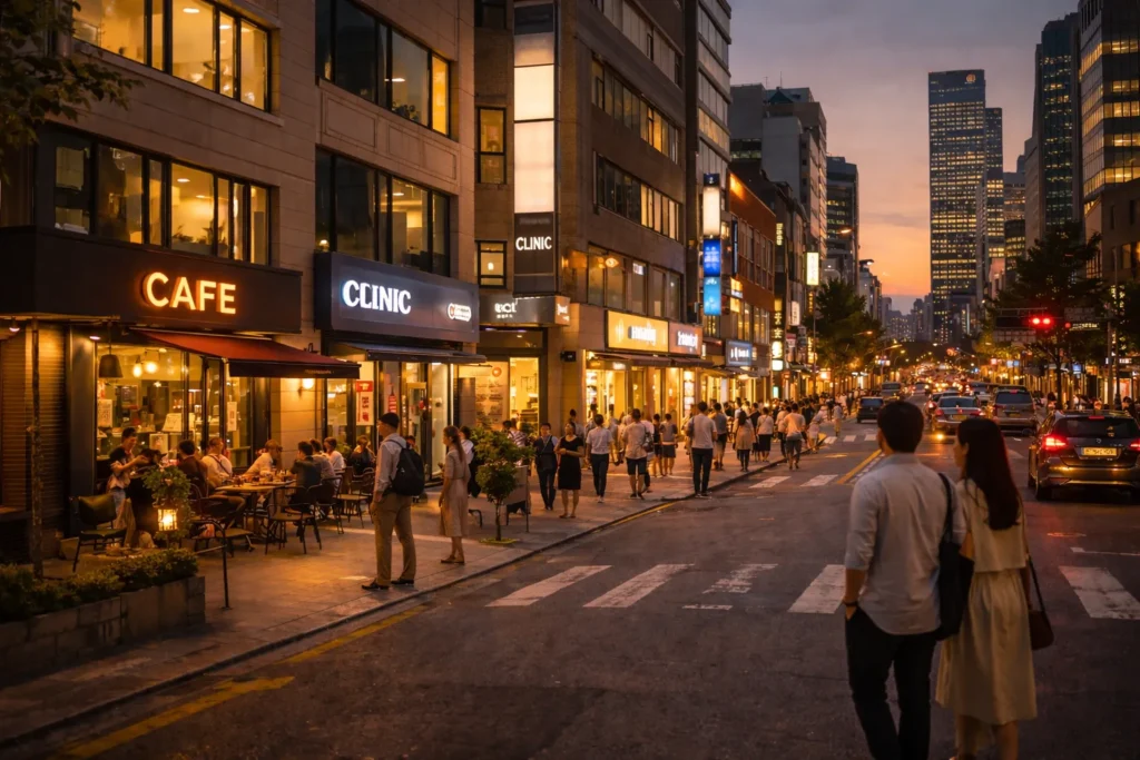 Seoul street near clinic with cafes and safe urban environment