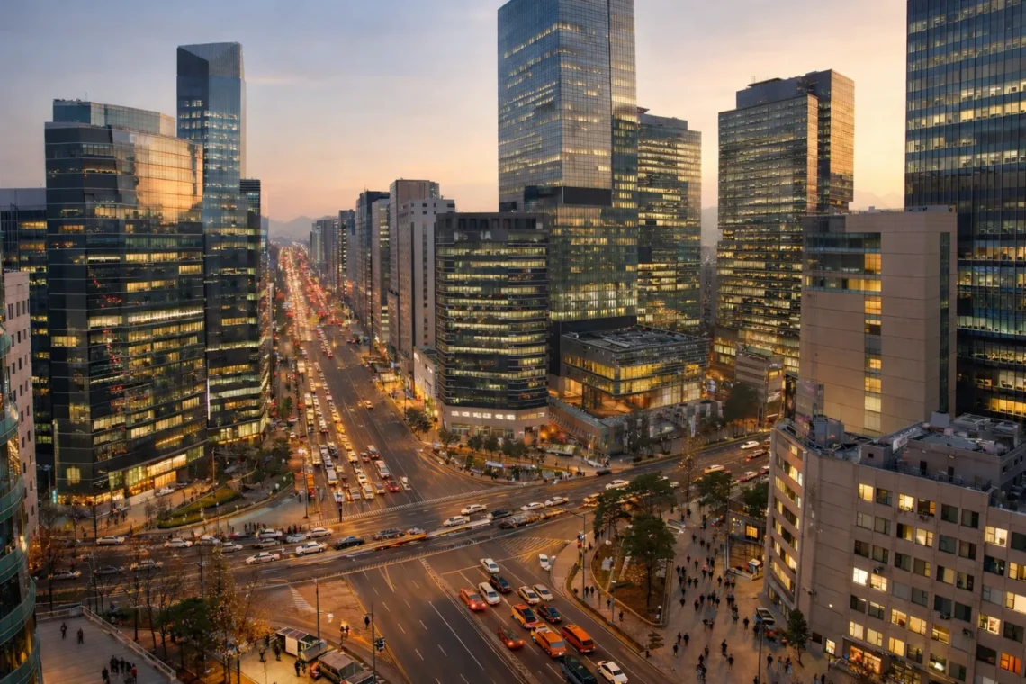 Seoul medical district with modern clinics and international patients walking