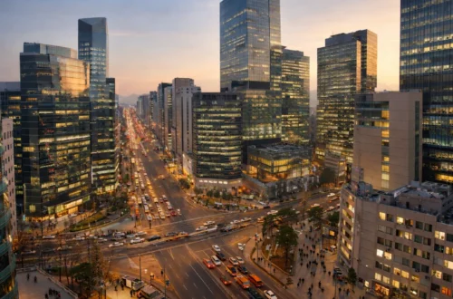 Seoul medical district with modern clinics and international patients walking