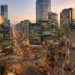 Seoul medical district with modern clinics and international patients walking