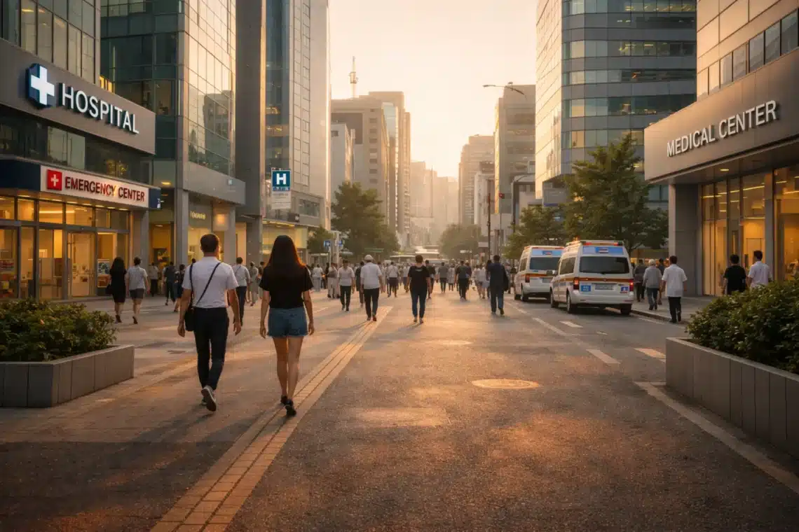 Seoul medical district street showing clinics and hospitals popular for Korean medical tourism