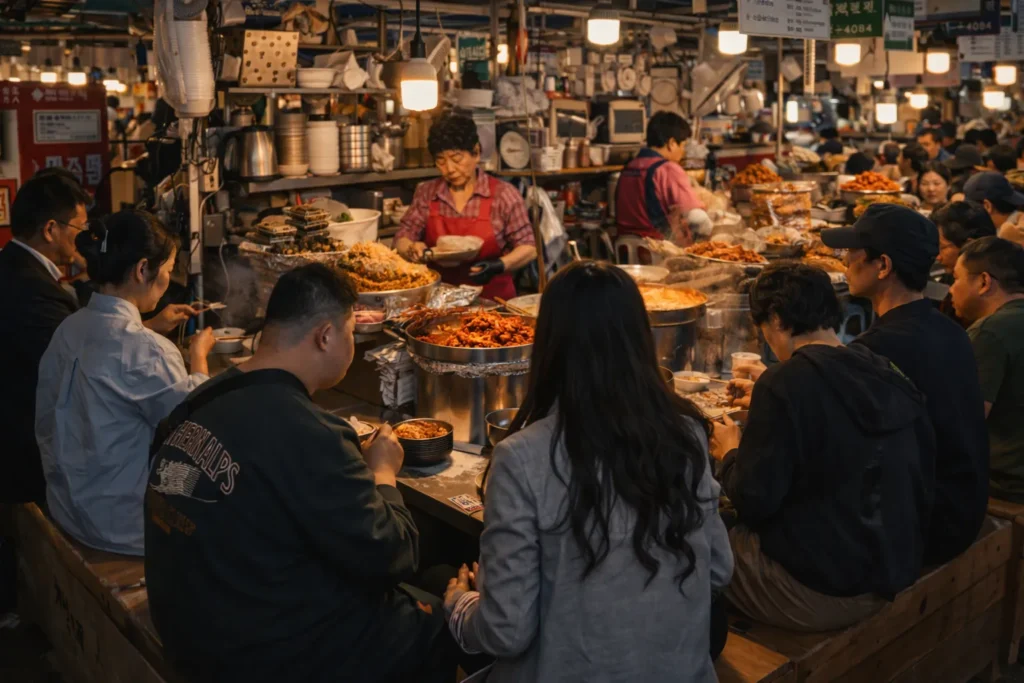 Traditional Korean market in Seoul with local food and authentic atmosphere