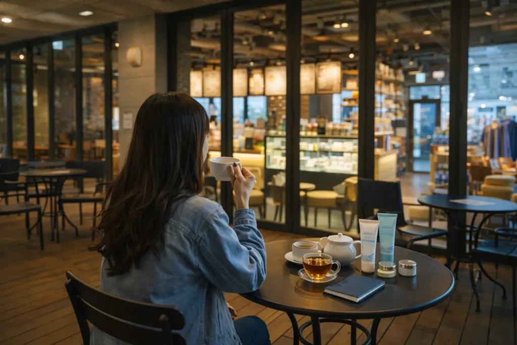 Traveler relaxing in Seoul cafe during medical travel recovery day
