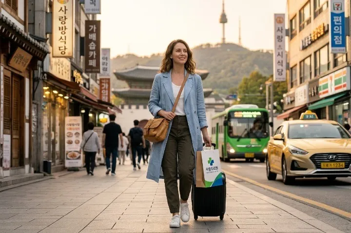 Foreigner leaving Korean clinic after smooth medical appointment experience