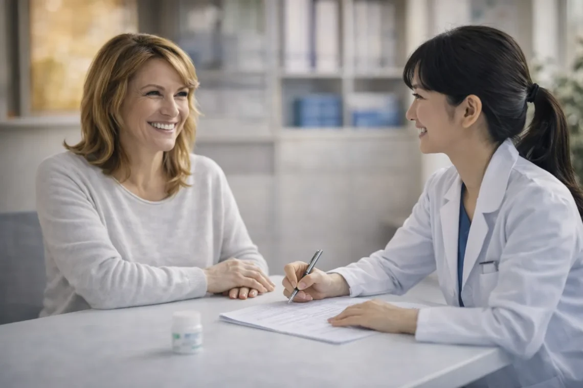 Korean medical coordinator consulting with a foreign patient in a clinic, personalized healthcare assistance in Korea