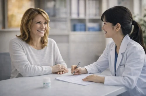 Korean medical coordinator consulting with a foreign patient in a clinic, personalized healthcare assistance in Korea