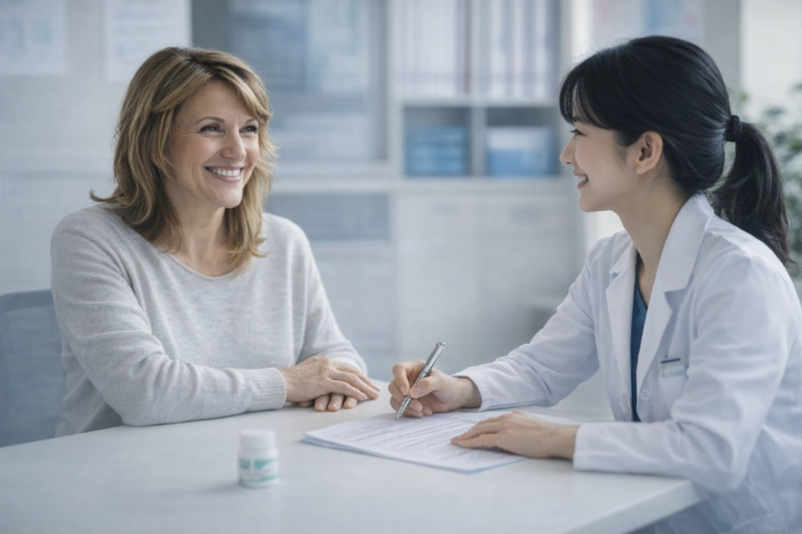 Korean medical coordinator consulting with a foreign patient in a clinic, personalized healthcare assistance in Korea