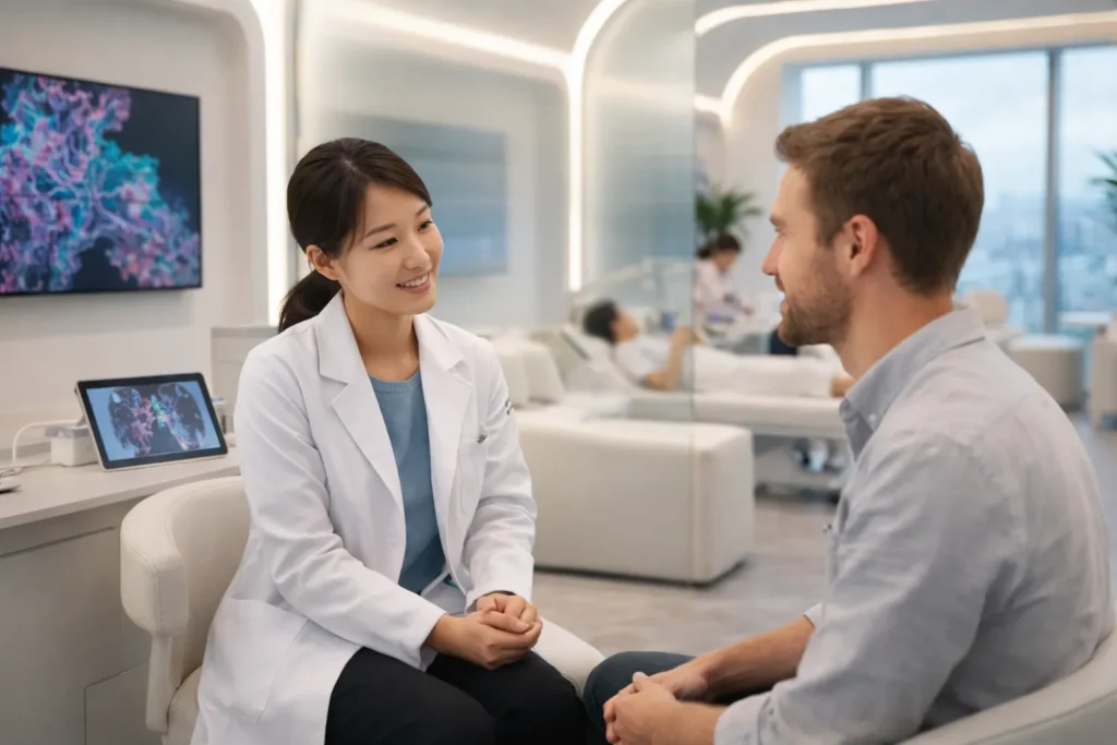 Doctor consultation in Korean clinic with international patient discussing treatment