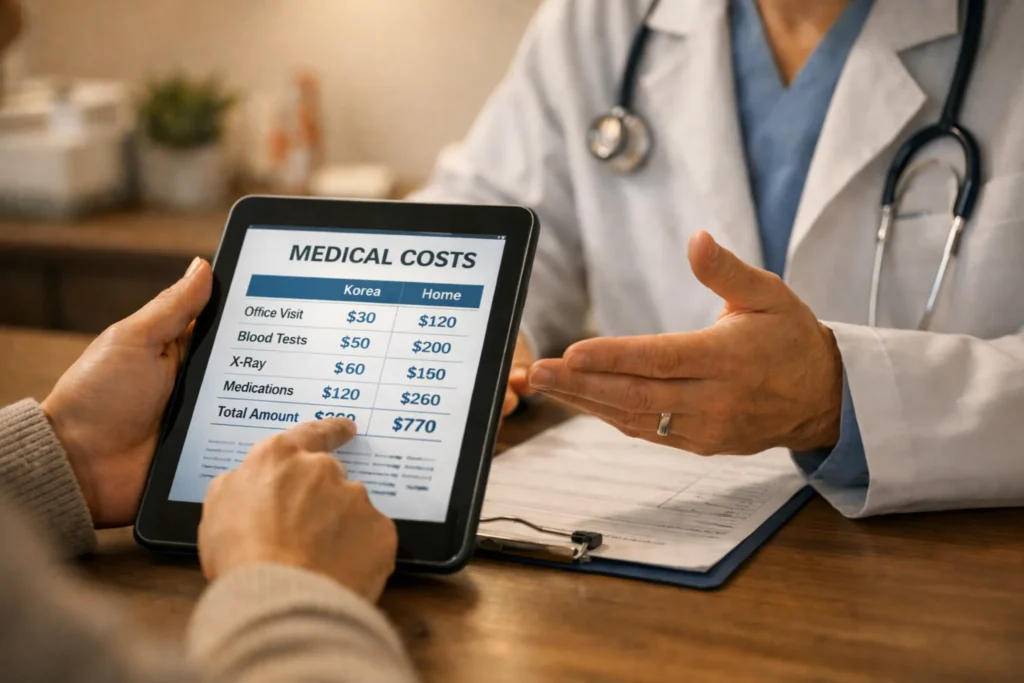 Patient reviewing transparent Korean medical costs compared to home country expenses