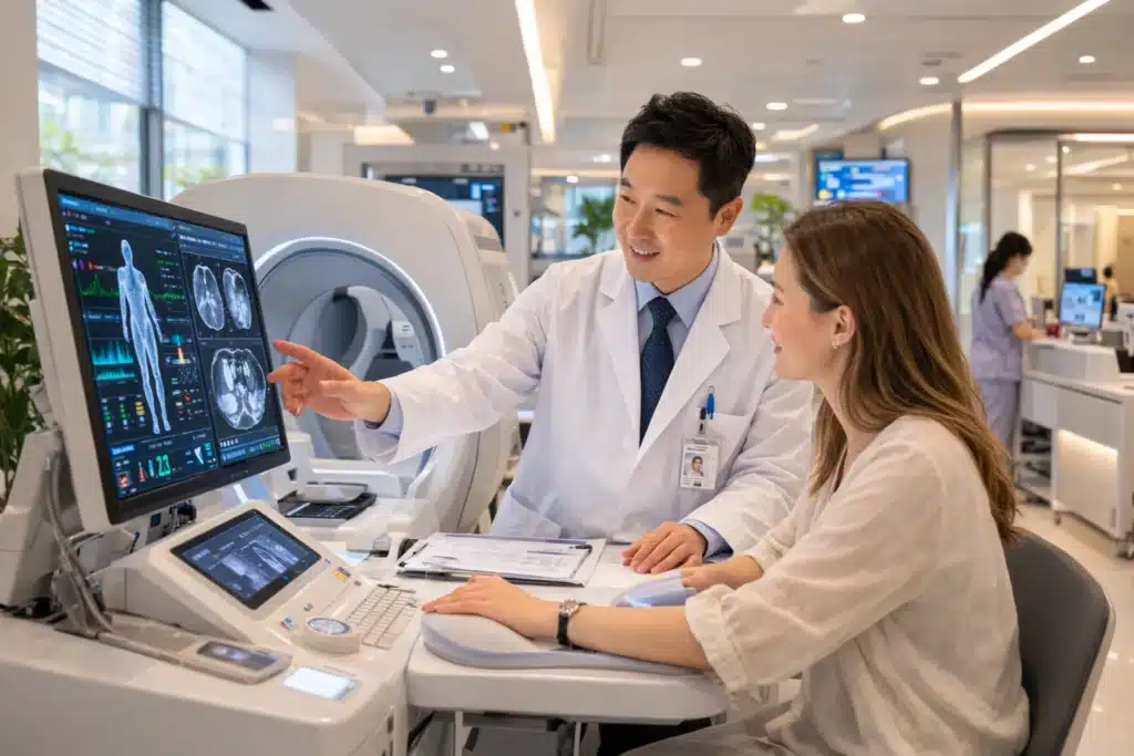 Patient undergoing Korean health checkup diagnostic tests with doctor guidance