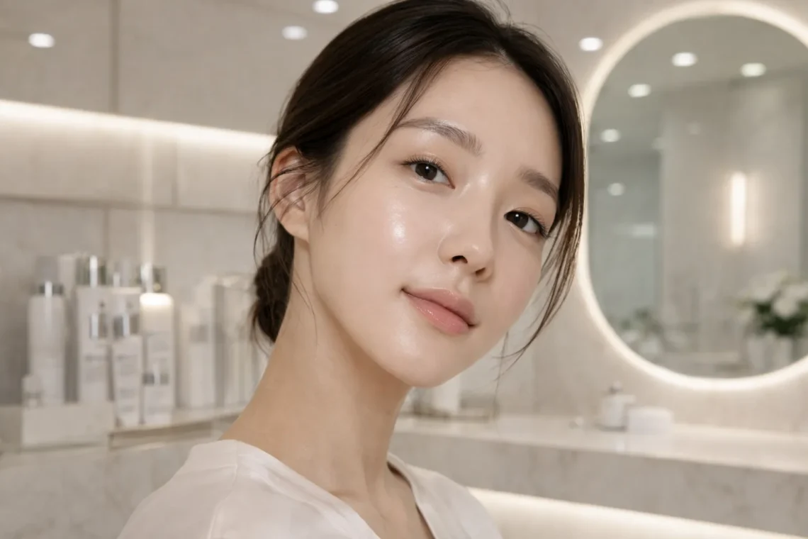 Korean skincare products for glass skin in a modern beauty clinic, minimalist and clean aesthetic