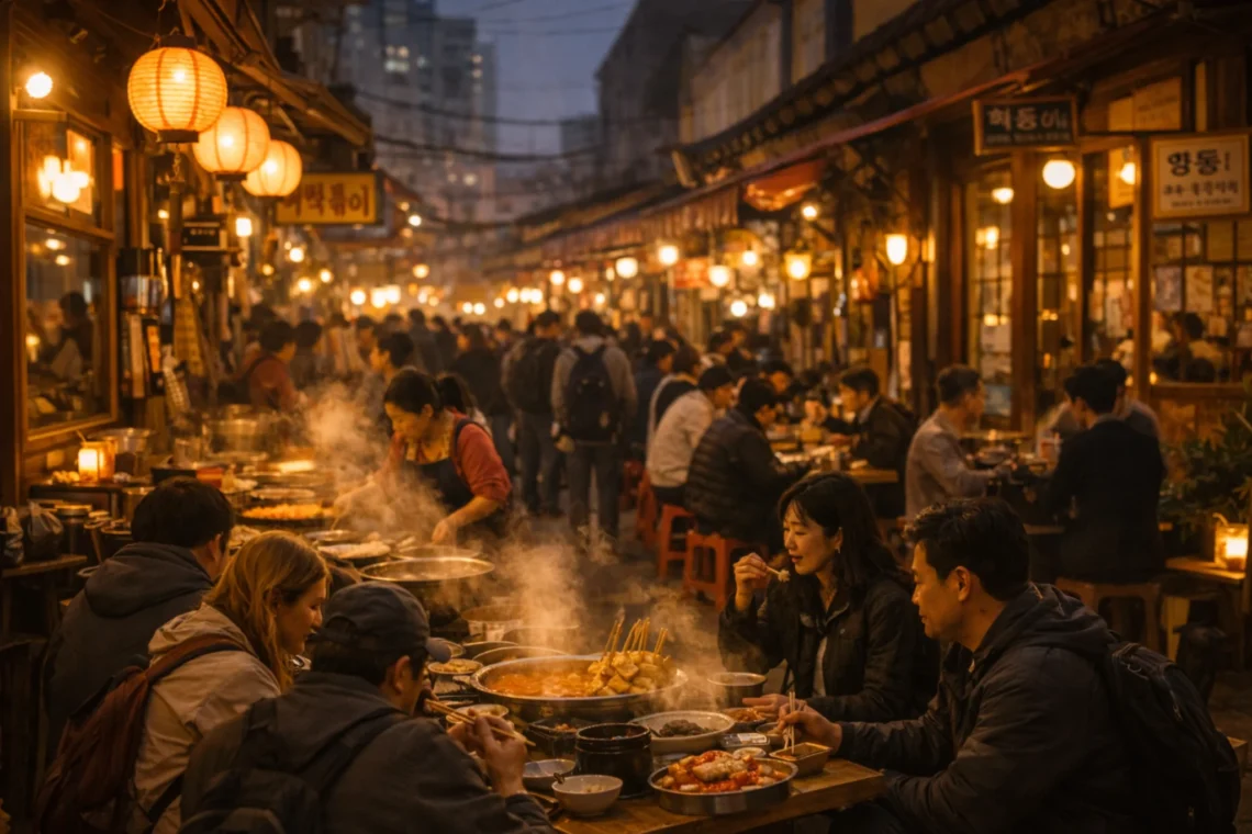 Travelers exploring Korean food tourism street market in Seoul evening atmosphere