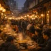 Travelers exploring Korean food tourism street market in Seoul evening atmosphere