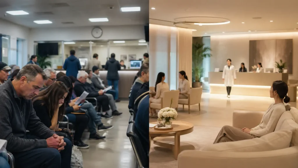 Fast Medical Care in Korea: What You Can Do in 3–5 Days (2026) 2 comparison of crowded Western hospital waiting room vs efficient Korean clinic system fast medical care Korea