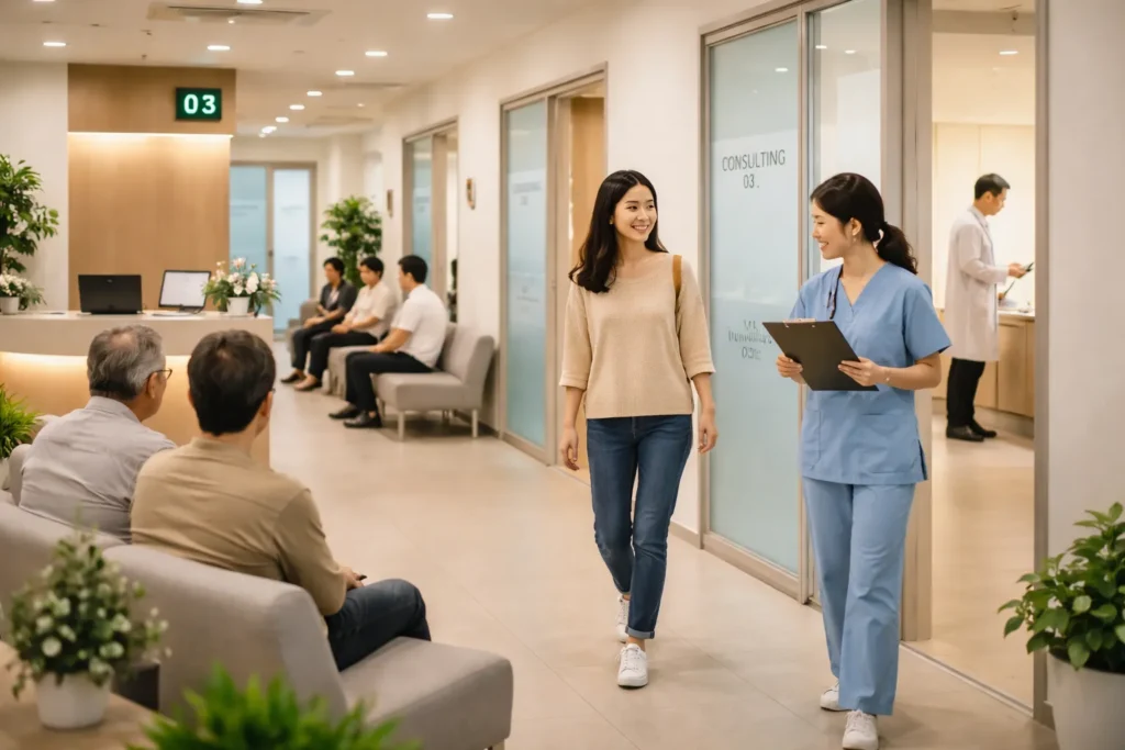 Patient moving quickly through efficient Korean clinic consultation process