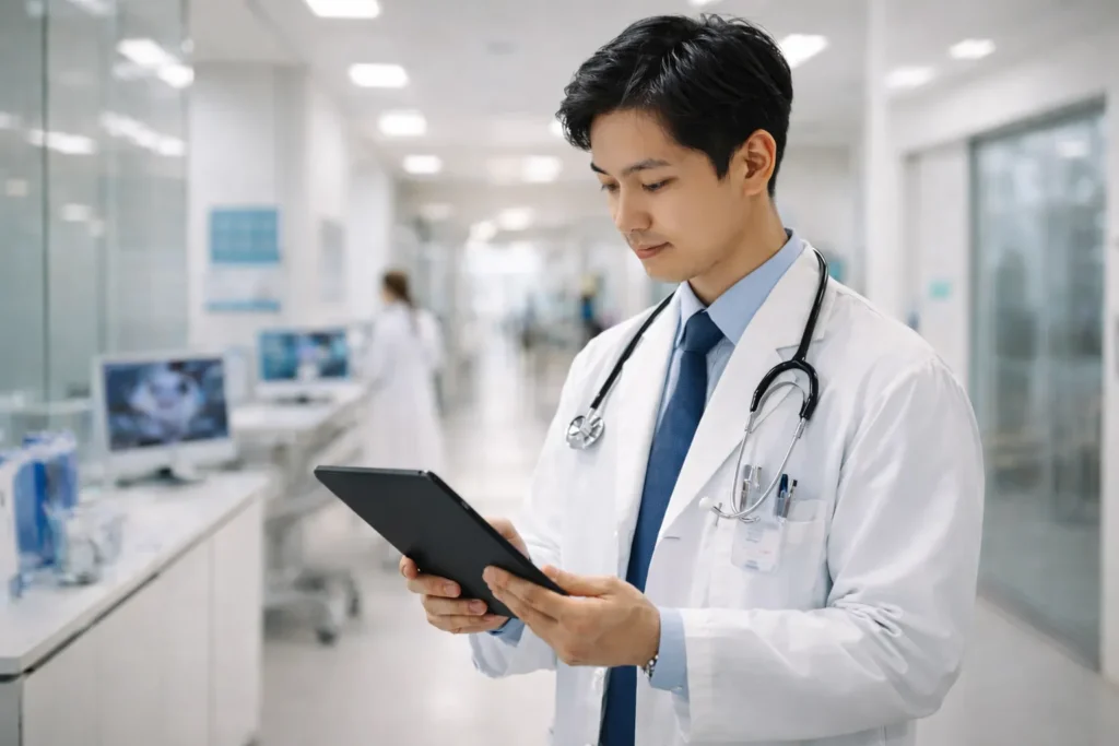 Doctor reviewing digital medical records in advanced Korean hospital setting