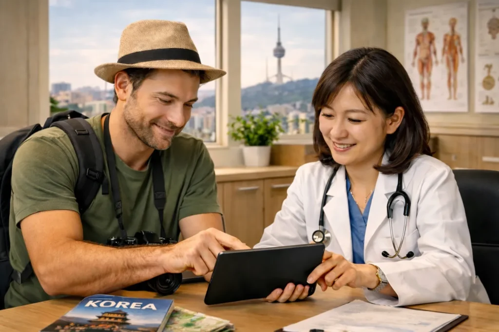 Doctor explaining treatment plan to international patient in Korean clinic