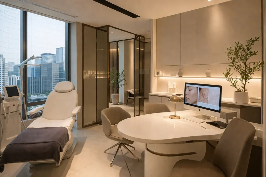 Korean dermatology clinic modern treatment room